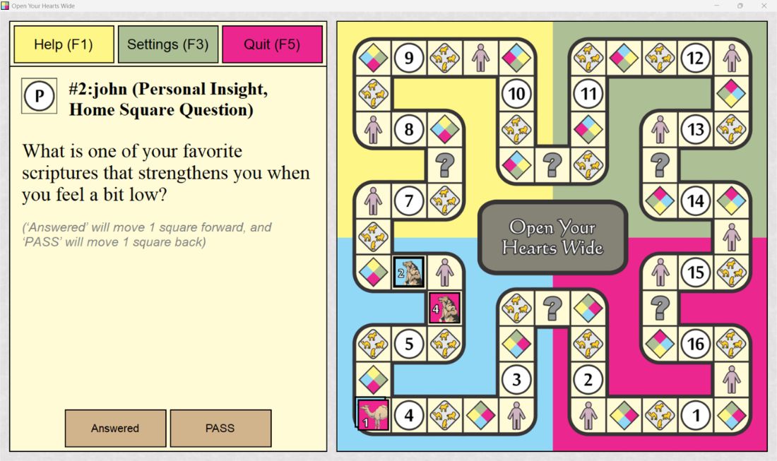 Open Your Hearts Wide Bible game showing a personal insight question